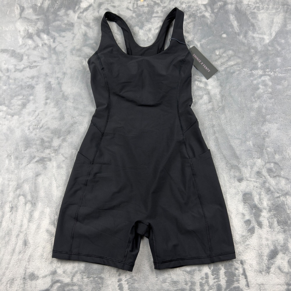 Savage X Fenty Sport Black Racerback Romper Bodysuit with Pockets Small NWT